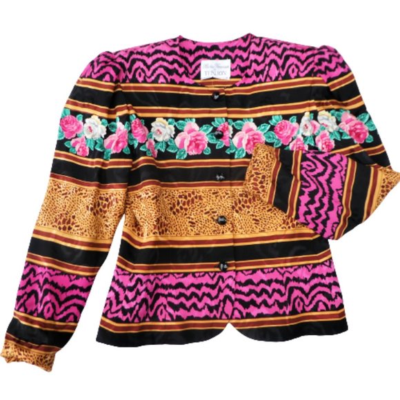 SiLK NEW Rickie Freeman Mixed Print Blazer Jacket Floral Animal Shoulder Pads M - Picture 3 of 8